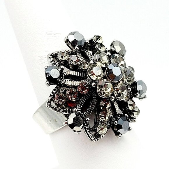 Rhinestone Burst Bypass Ring Adjustable One Size Silver Tone Smoky Stones EUC - Picture 1 of 6